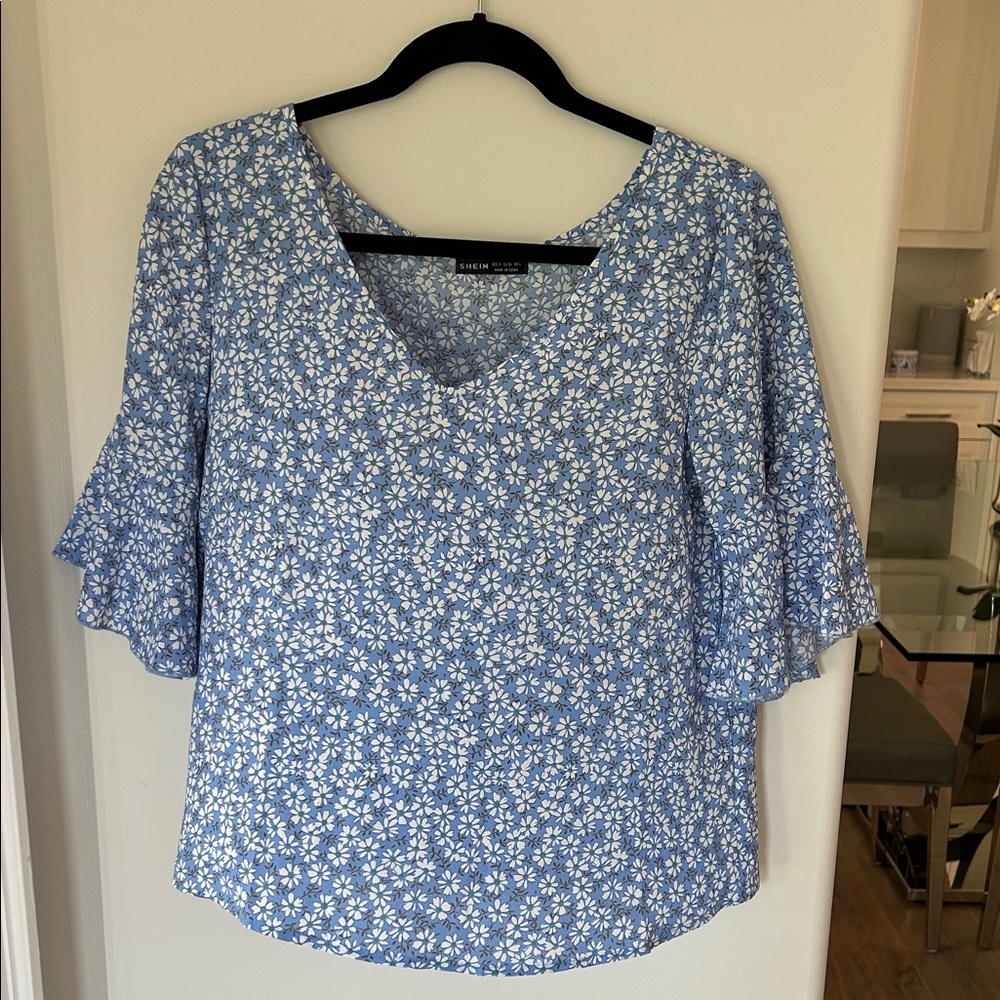 SHEIN Blue and White Floral Blouse